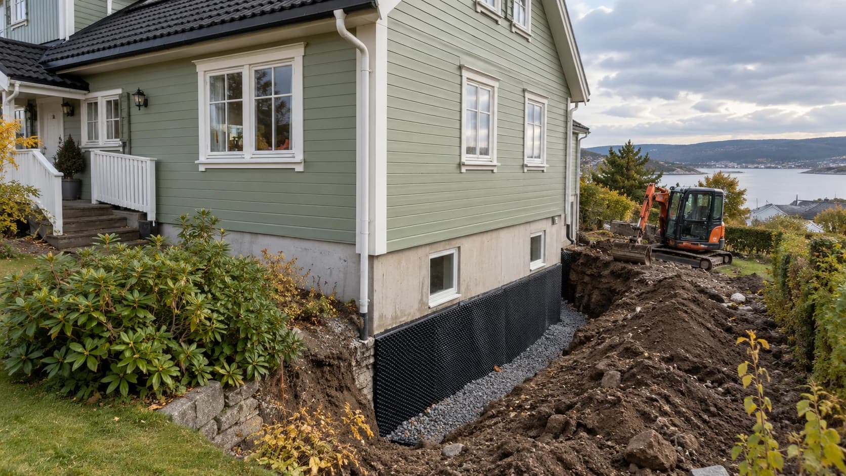Dreneringsarbeid ved et norsk trehus, med åpen grøft og liten gravemaskin.