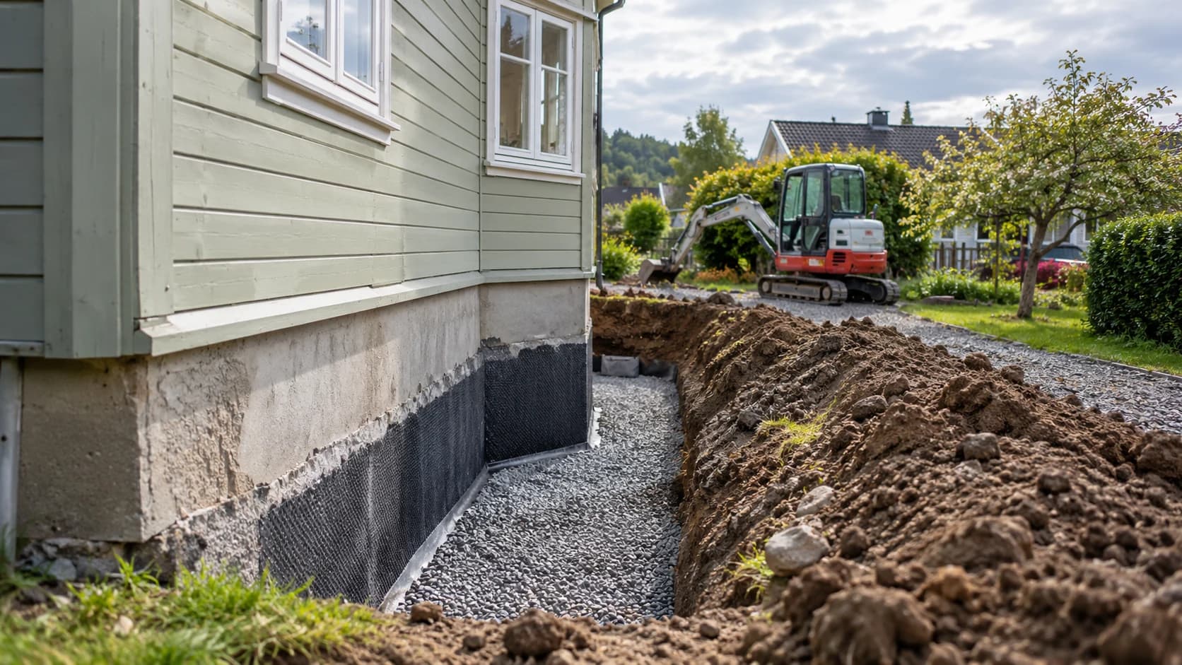 Graving langs grunnmuren til et trehus, med pukk og jordmasser ved siden av.